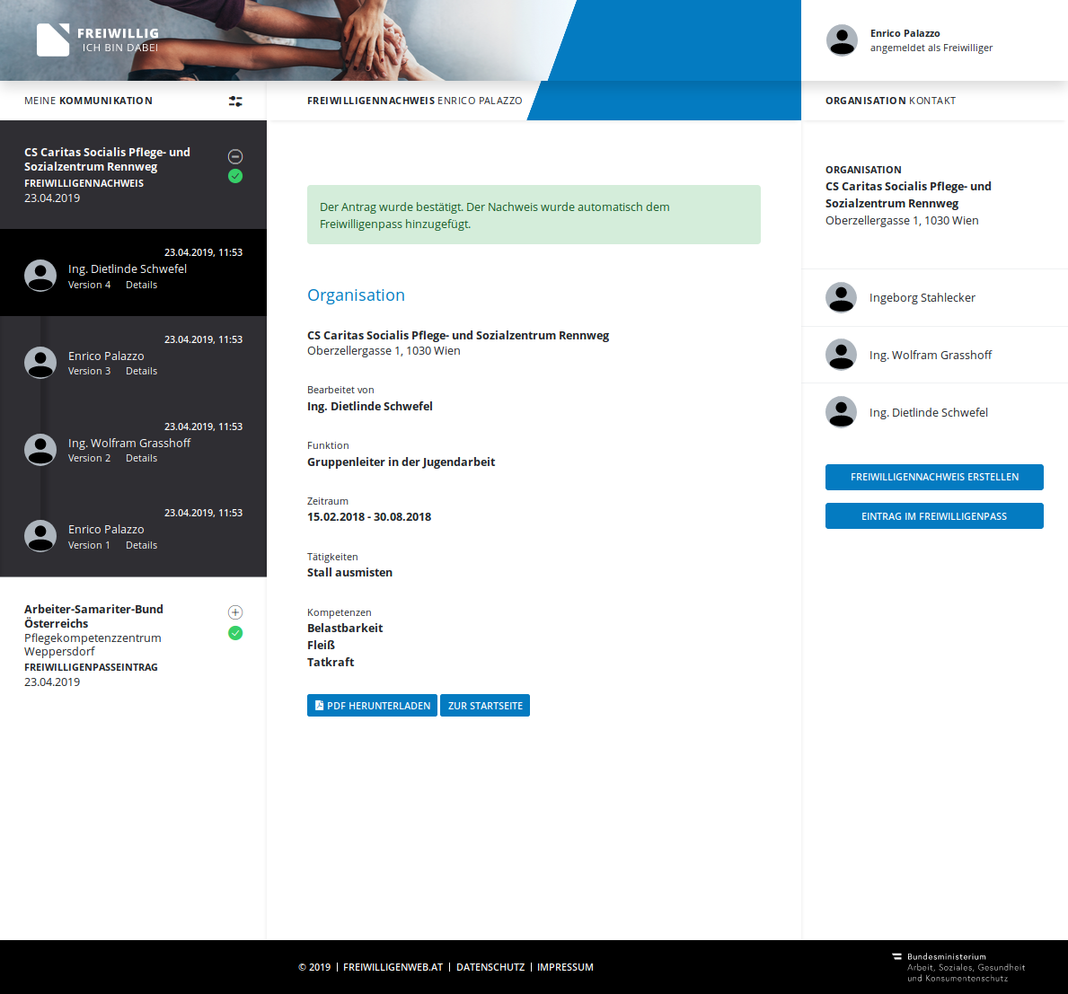 Screenshot: Sie können auf der Startseite links Ihre komplette Kommunikation zwischen Ihnen und den jeweiligen Organisationen einsehen. In der mobilen Version müssen Sie hierfür auf die Sprechblase drücken. Hier sehen Sie auch die Anträge, welche noch in Bearbeitung sind oder abgelehnt wurden.