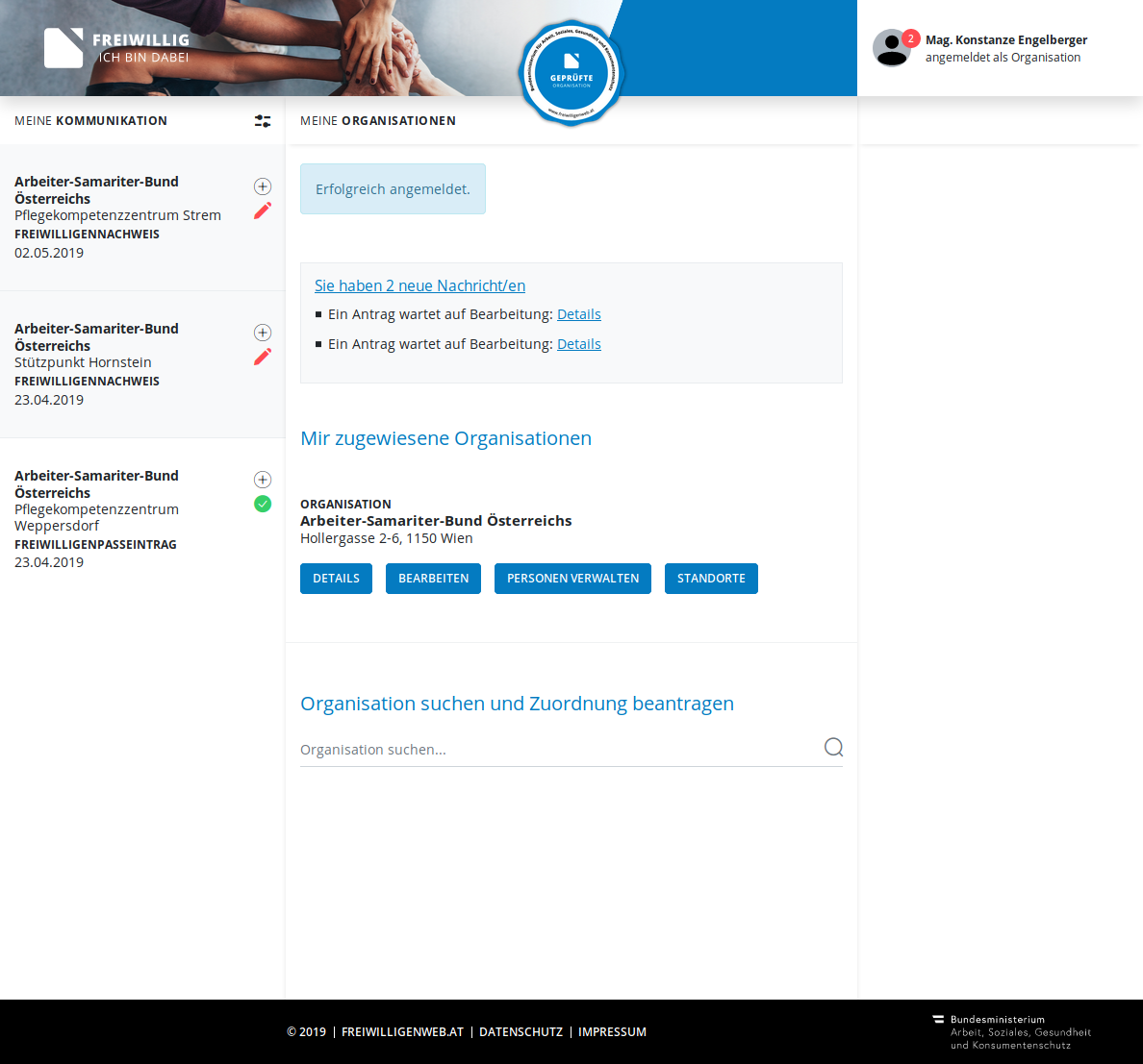 Screenshot: Startseite als Organisation mit Nachrichten