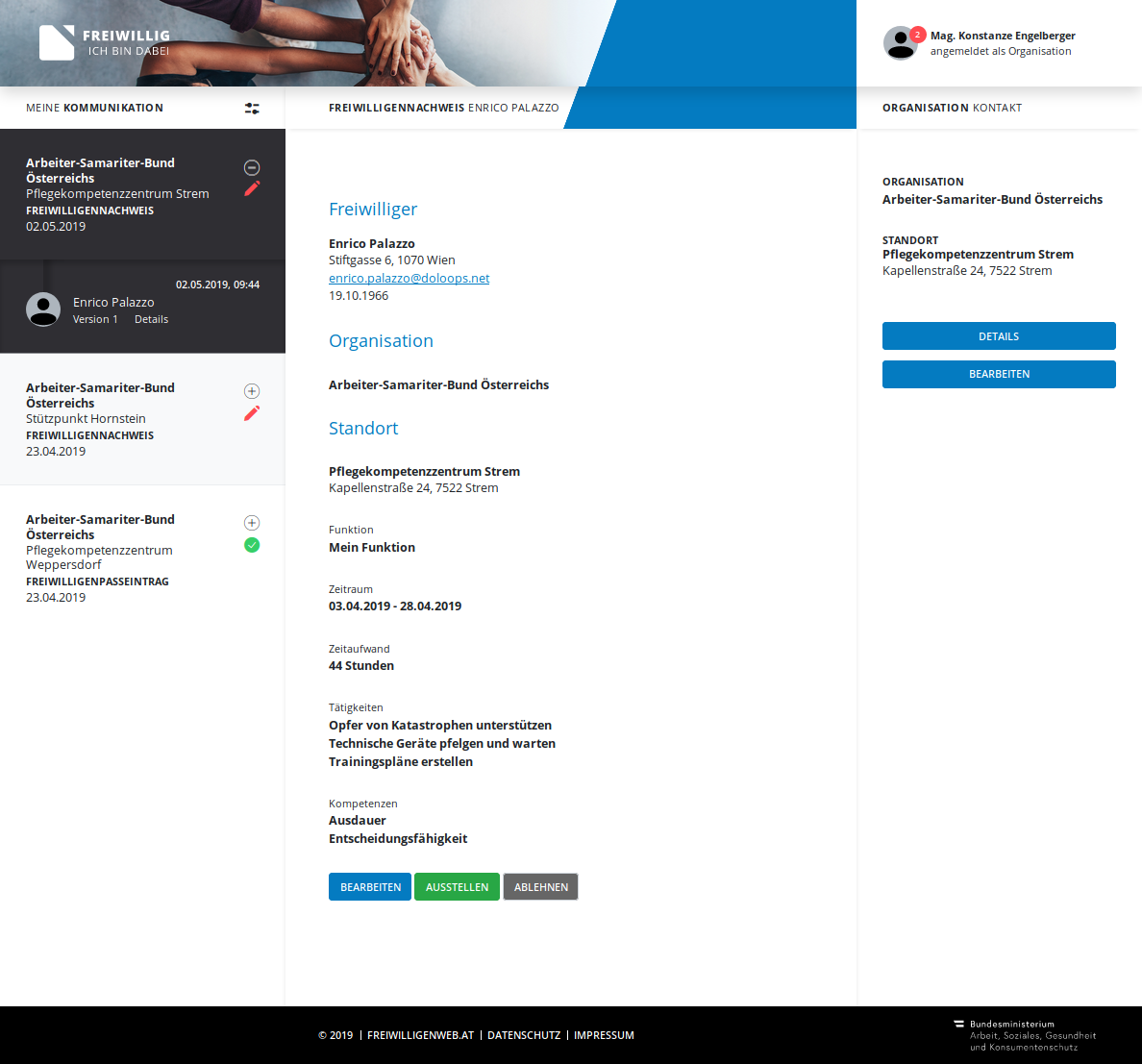 Screenshot: Detailansicht Antrag auf Frewilligennachweis