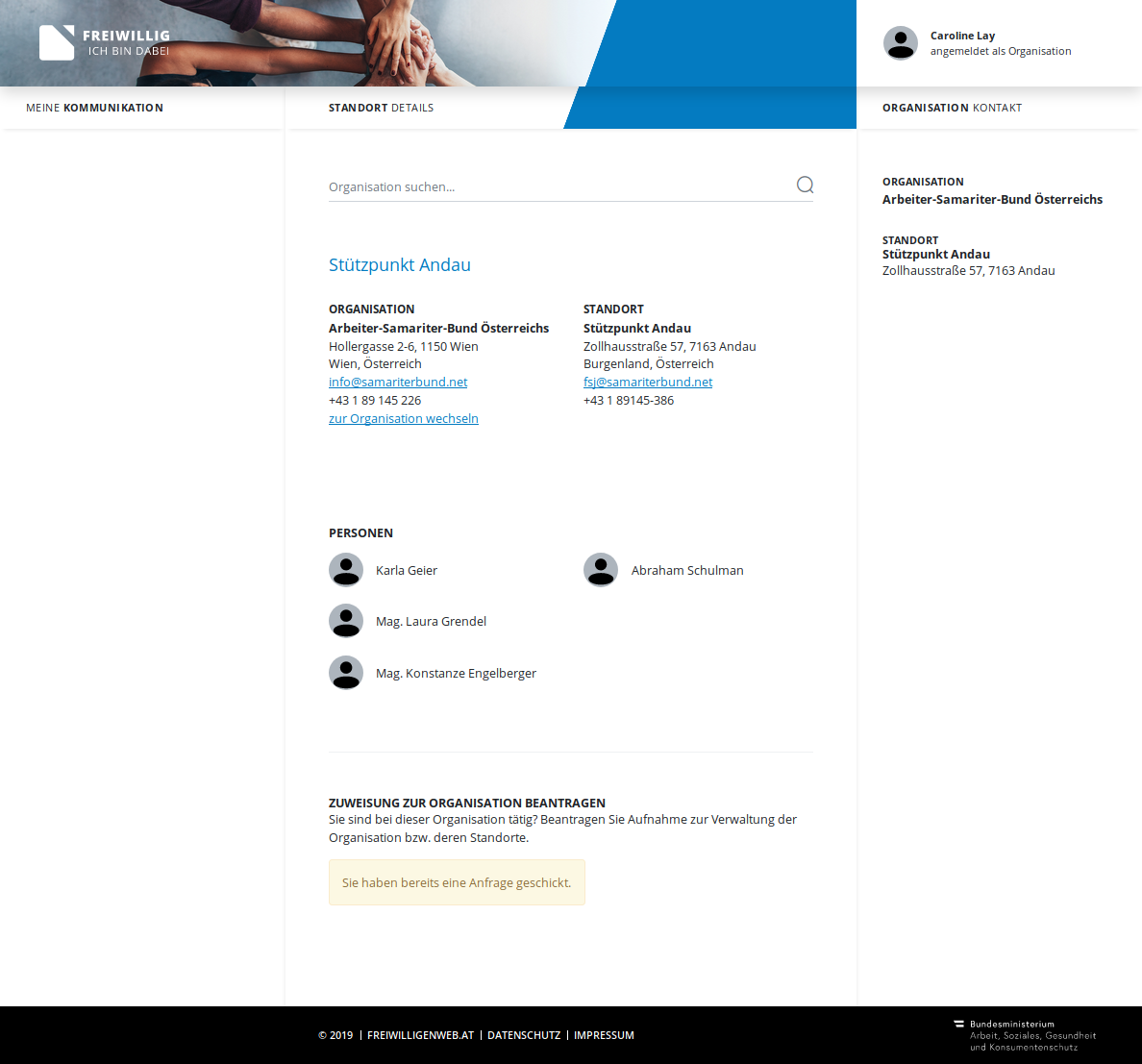 Screenshot: Bestätigung der Zuweisung zur Organisation ausständig.