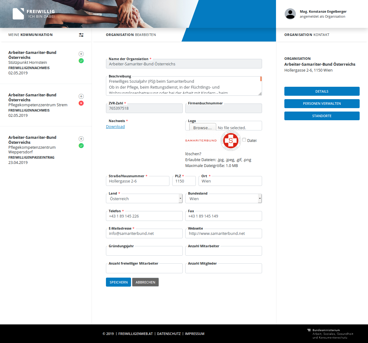 Screenshot: Formular zum Bearbeiten der Details einer Organisation