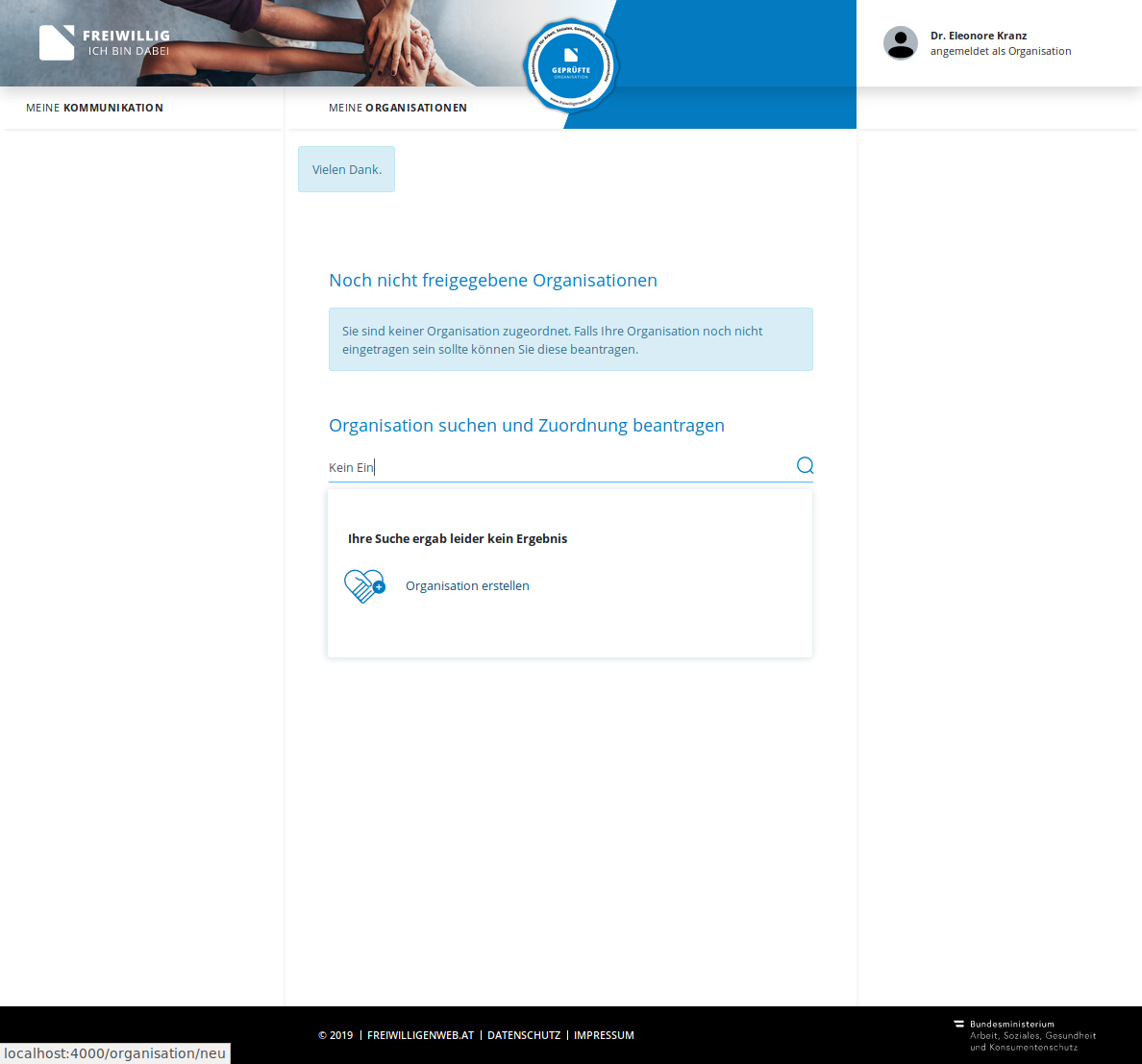 Screenshot: Organisation nicht gefunden.