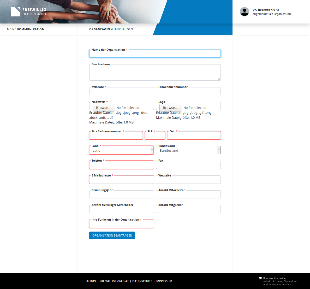 Screenshot: Organisation Eintrag beantragen.